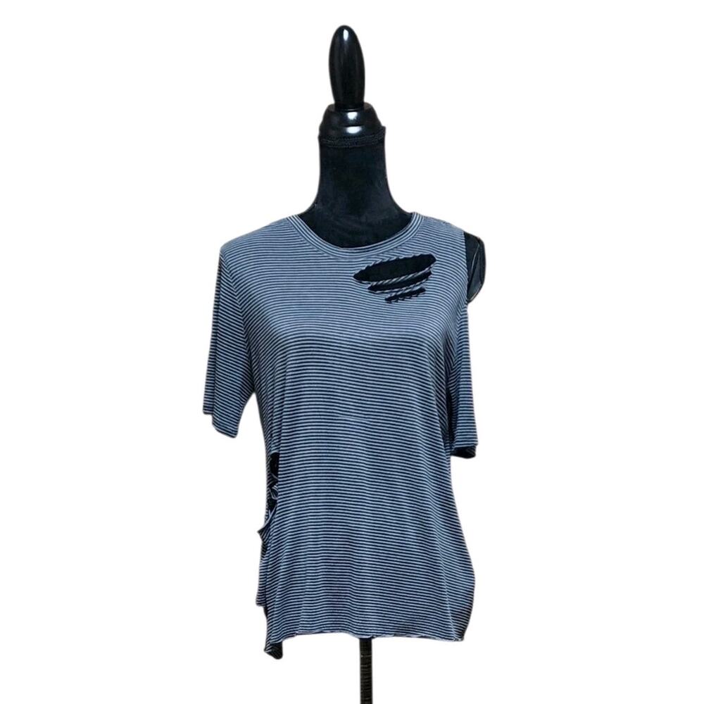 Buckle Gilded Intent Cut Out Distressed Shirt Top Women's Large Gray Striped Tee